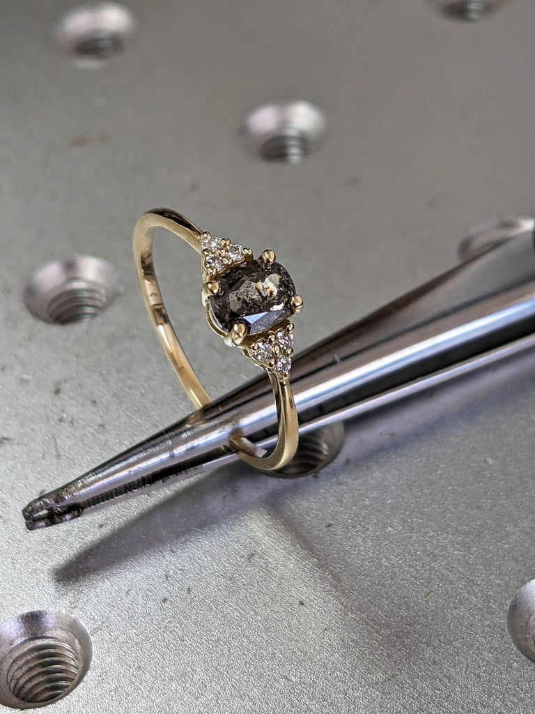 Vintage salt and pepper diamond engagement ring Yellow Gold engagement ring diamond cluster oval ring wedding Bridal Anniversary