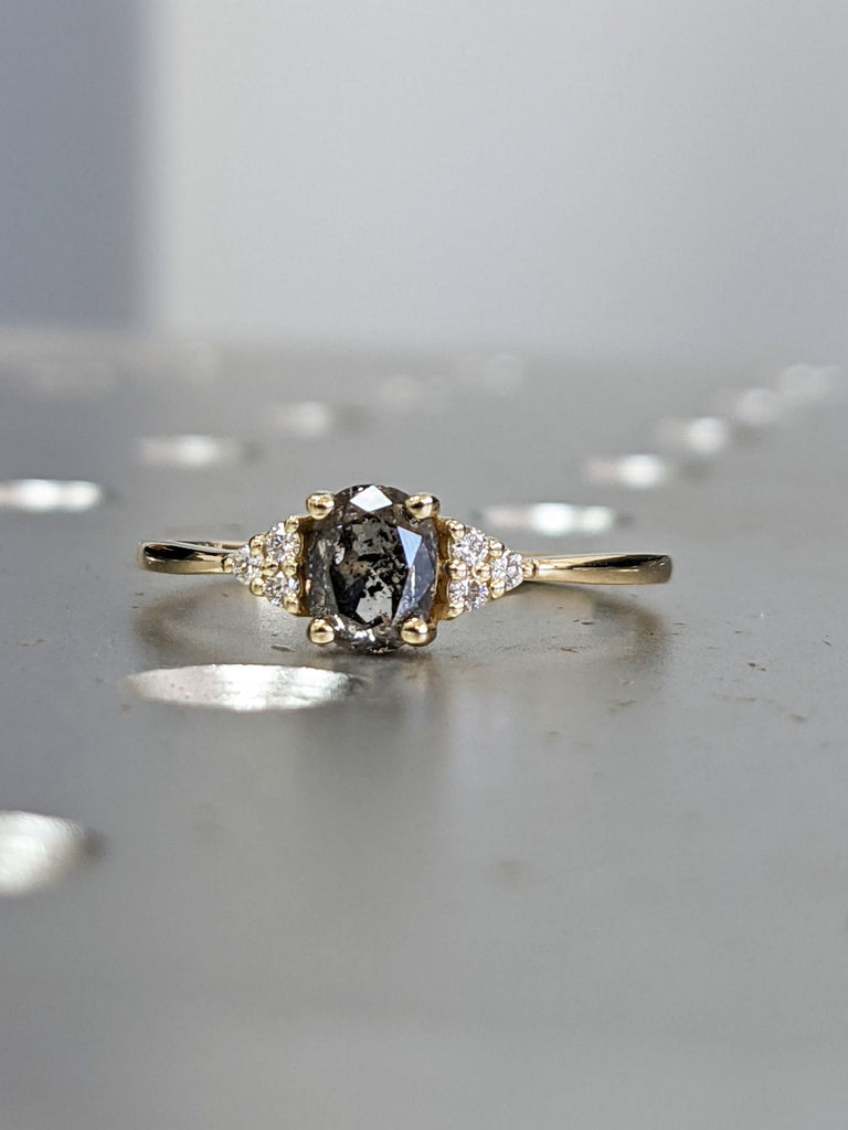 Vintage salt and pepper diamond engagement ring Yellow Gold engagement ring diamond cluster oval ring wedding Bridal Anniversary