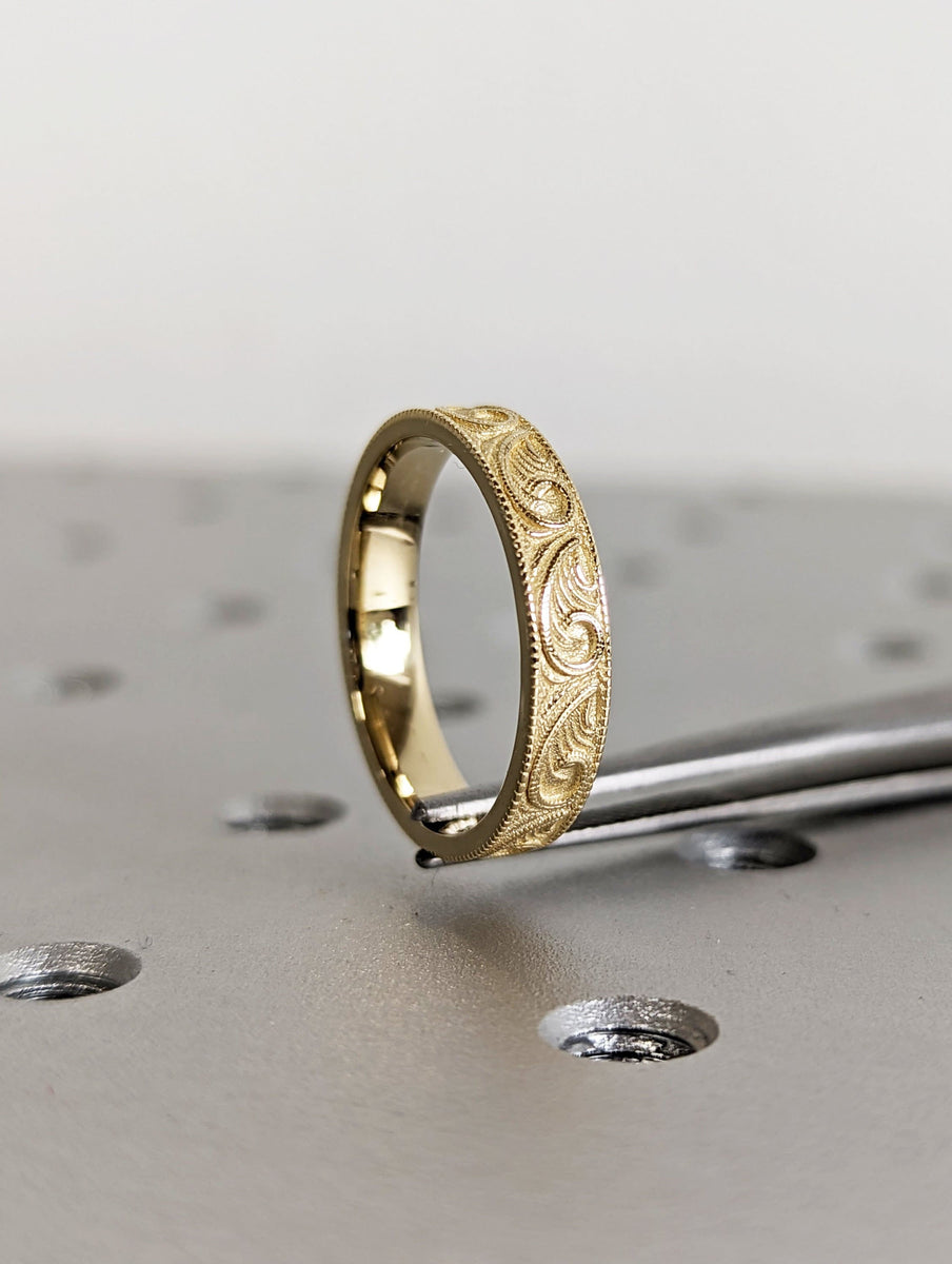 Gold Unique Engraved Wedding Ring, Art Deco Scroll Style Wedding Band ...