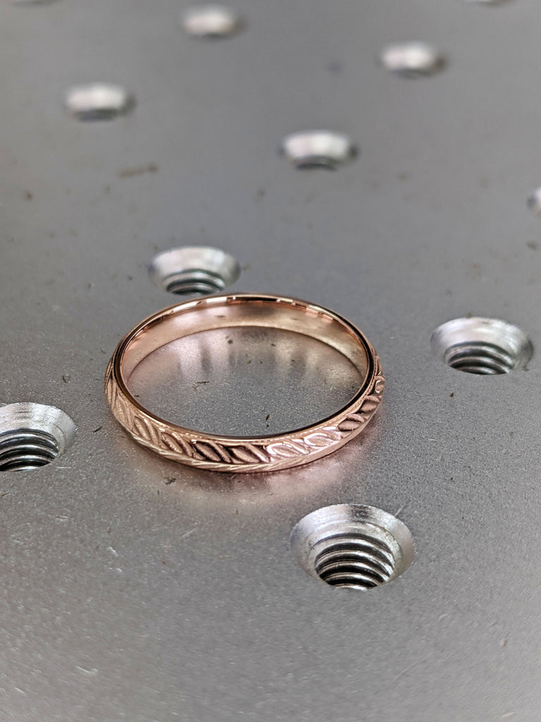 14k Rose gold giada hand engraved vintage ring, Leaf engraving, Knife edged, 14K Rose Gold, Wedding Band