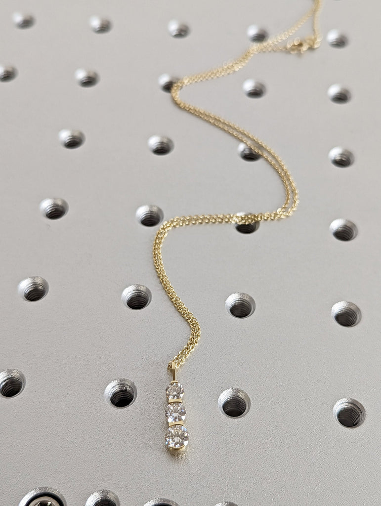 14k Gold Lab Diamond Vertical Necklace | Triple Lab Diamond Pendant in 14k Gold | 14k Solid Gold Trio Lab Diamond Necklace for Women