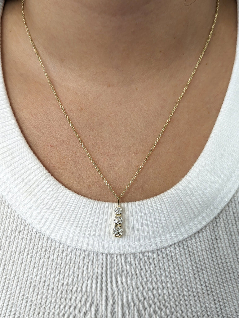 14k Gold Moissanite Vertical Necklace | Triple Diamond Simulant Pendant in 14k Gold | 14k Solid Gold Trio Moissanite Necklace for Women