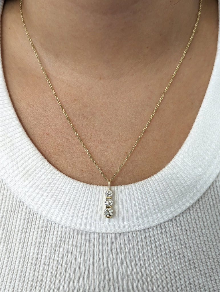 14k Gold Lab Diamond Vertical Necklace | Triple Lab Diamond Pendant in 14k Gold | 14k Solid Gold Trio Lab Diamond Necklace for Women