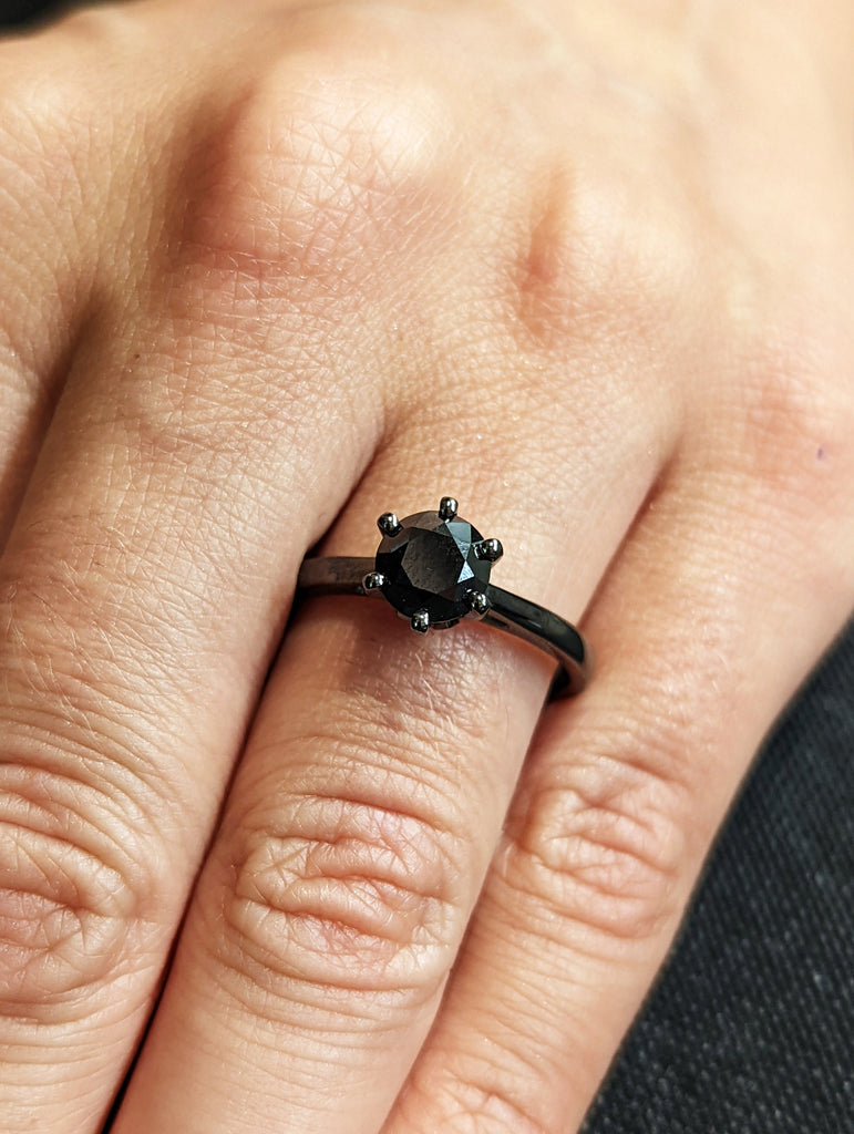 Black Diamond Engagement Ring Vintage Black Diamond Ring 14k Black Gold Promise ring for Her solitaire ring unique Wedding anniversary ring