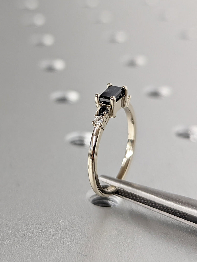 Emerald Baguette Raw Salt and Pepper Diamond Gold Engagement Ring Art Deco 1920's Inspired Thin Petite Band 14k Unique Ring for Her