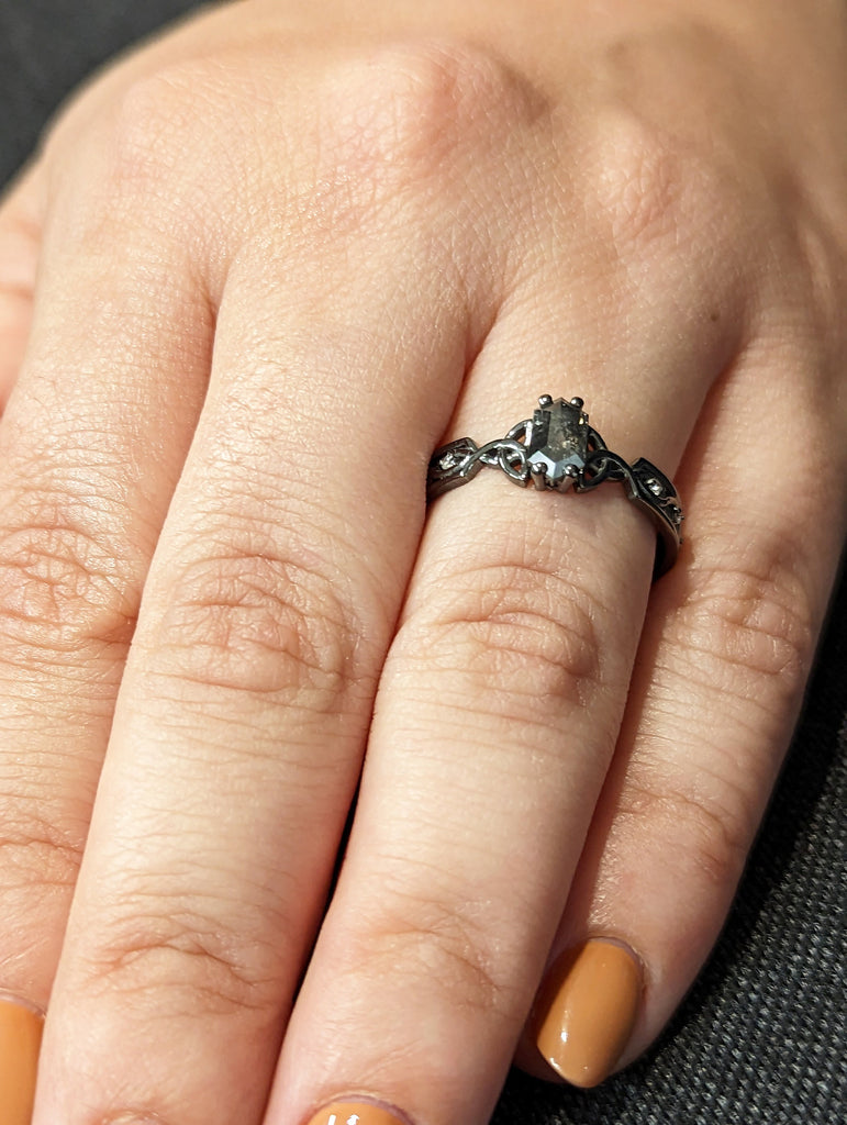 Unique Hexagon Diamond Vintage Celtic Engagement Ring Bridal Set, Salt And Pepper Diamond Hexagon Shaped Set, Twisted Engagement Ring