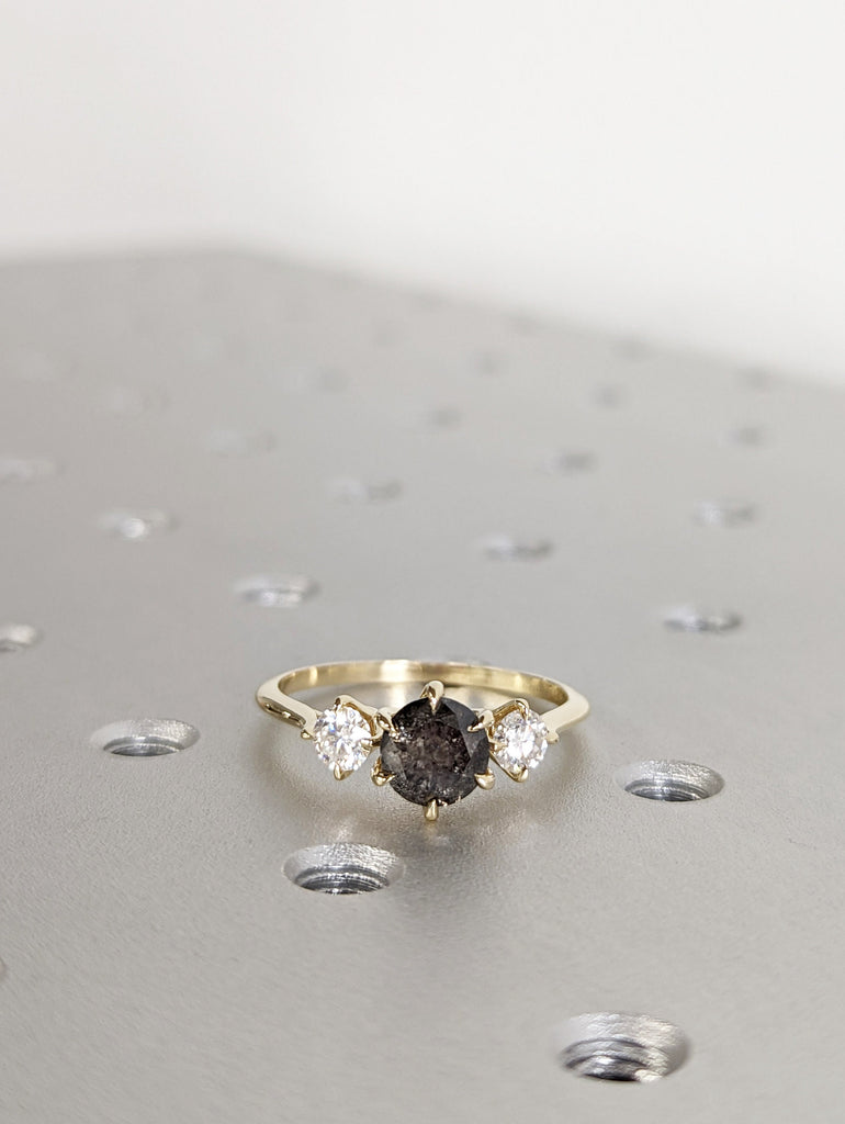 1 Carat 1920's Raw Salt and Pepper Diamond, Round Diamond Ring, Unique Engagement Bridal, Black, Gray Pear, 14k Yellow, Rose White Gold