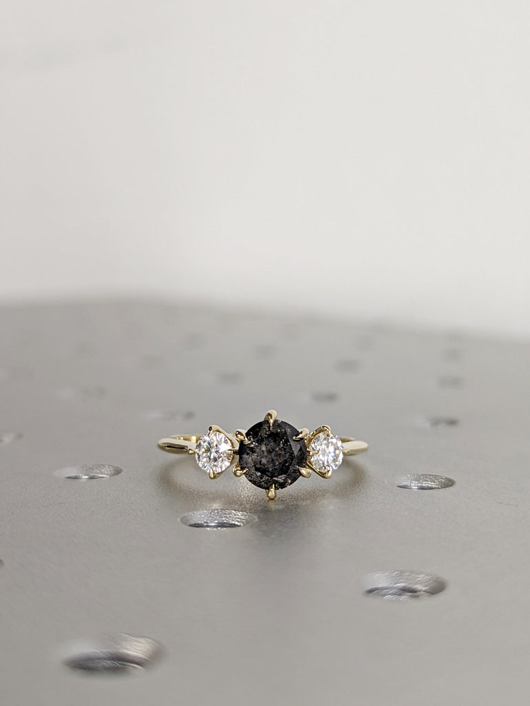 1 Carat 1920's Raw Salt and Pepper Diamond, Round Diamond Ring, Unique Engagement Bridal, Black, Gray Pear, 14k Yellow, Rose White Gold