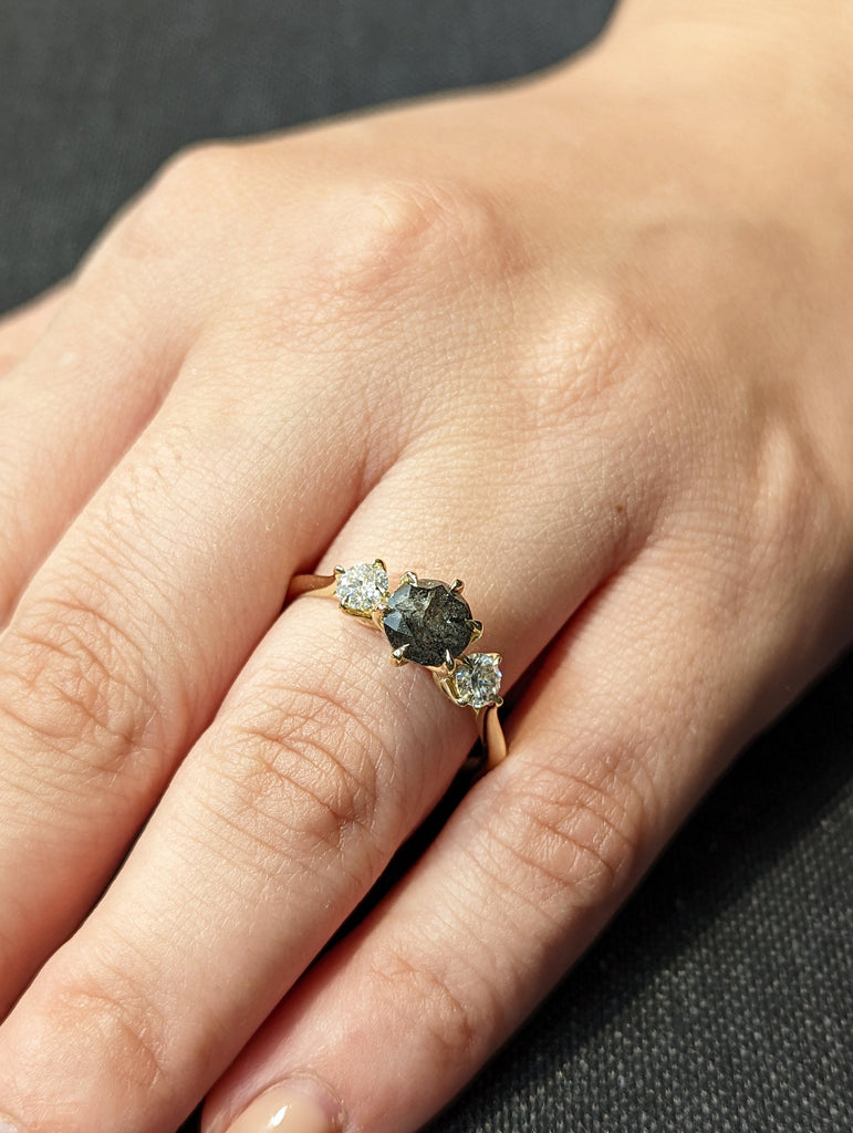 1 Carat 1920's Raw Salt and Pepper Diamond, Round Diamond Ring, Unique Engagement Bridal, Black, Gray Pear, 14k Yellow, Rose White Gold