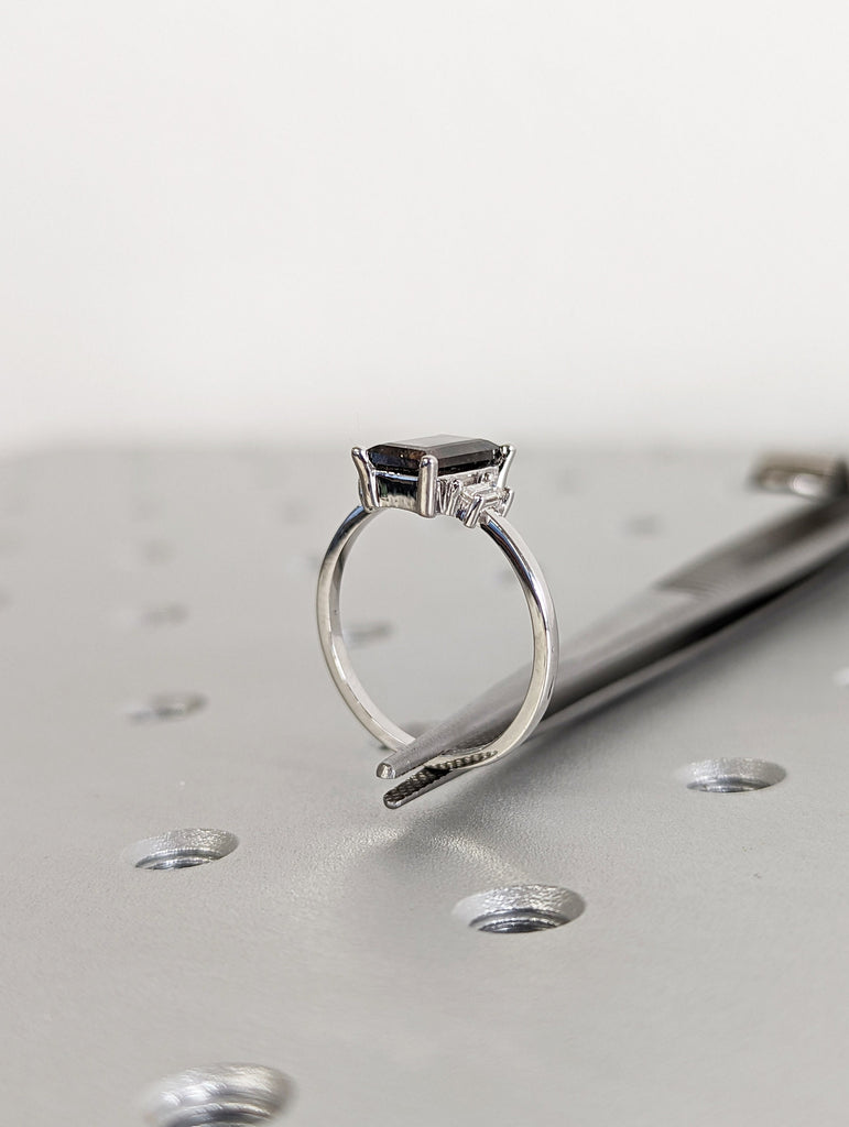 Raw Diamond baguette Diamond, Salt and Pepper, Unique Bridal Engagement, Rose Cut Geometric Diamond Ring, Custom Handmade