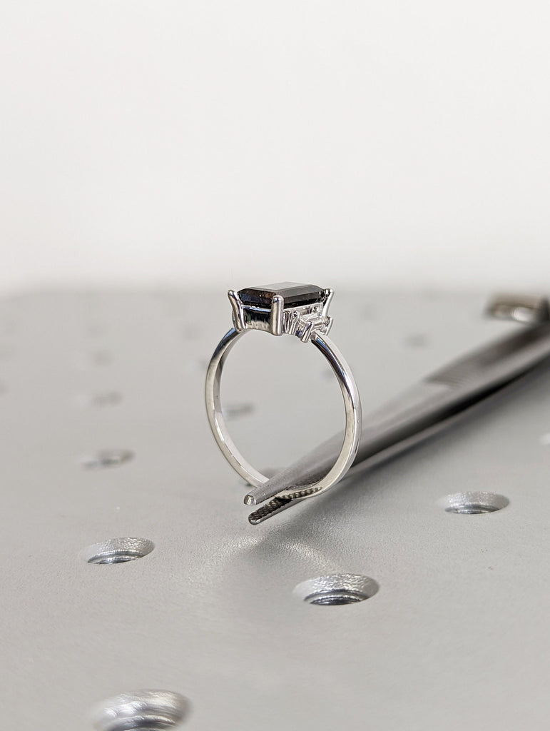 Raw Diamond baguette Moissanite Baguette, Salt and Pepper, Unique Bridal Engagement, Rose Cut Geometric Diamond Ring, Custom Handmade