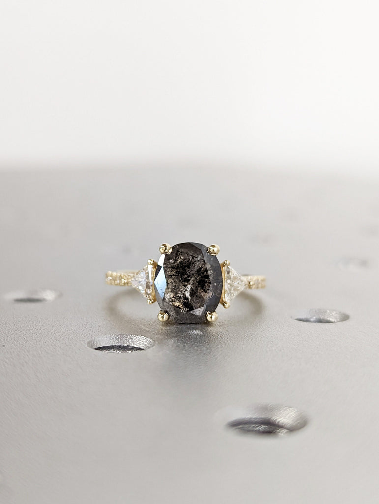 Raw Diamond Oval Triangle Diamond, Salt and Pepper, Unique Engagement Ring, Rose Cut Geometric Diamond Ring, 14k Gold, Custom Handmade