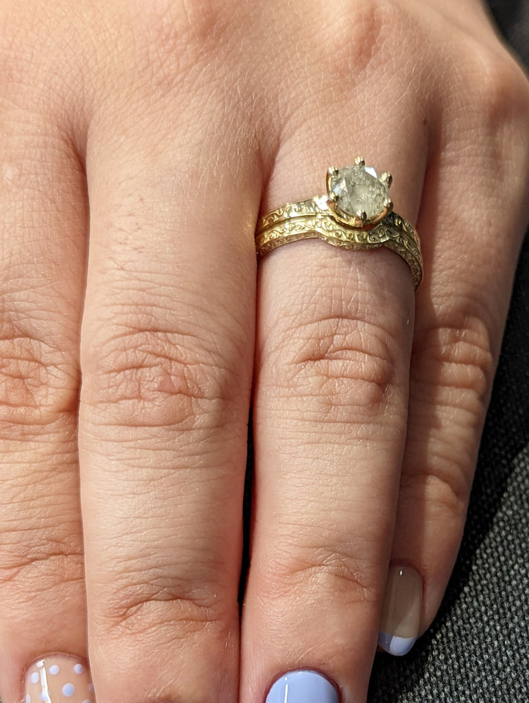 Raw Salt and Pepper Diamond Rose /White /Yellow Gold Engagement Ring Art Deco 1920's Inspired Thin Petite Band 14k Unique Bridal Set for Her