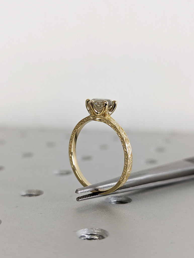 Raw Salt and Pepper Diamond Rose /White /Yellow Gold Engagement Ring Art Deco 1920's Inspired Thin Petite Band 14k Unique Bridal Set for Her