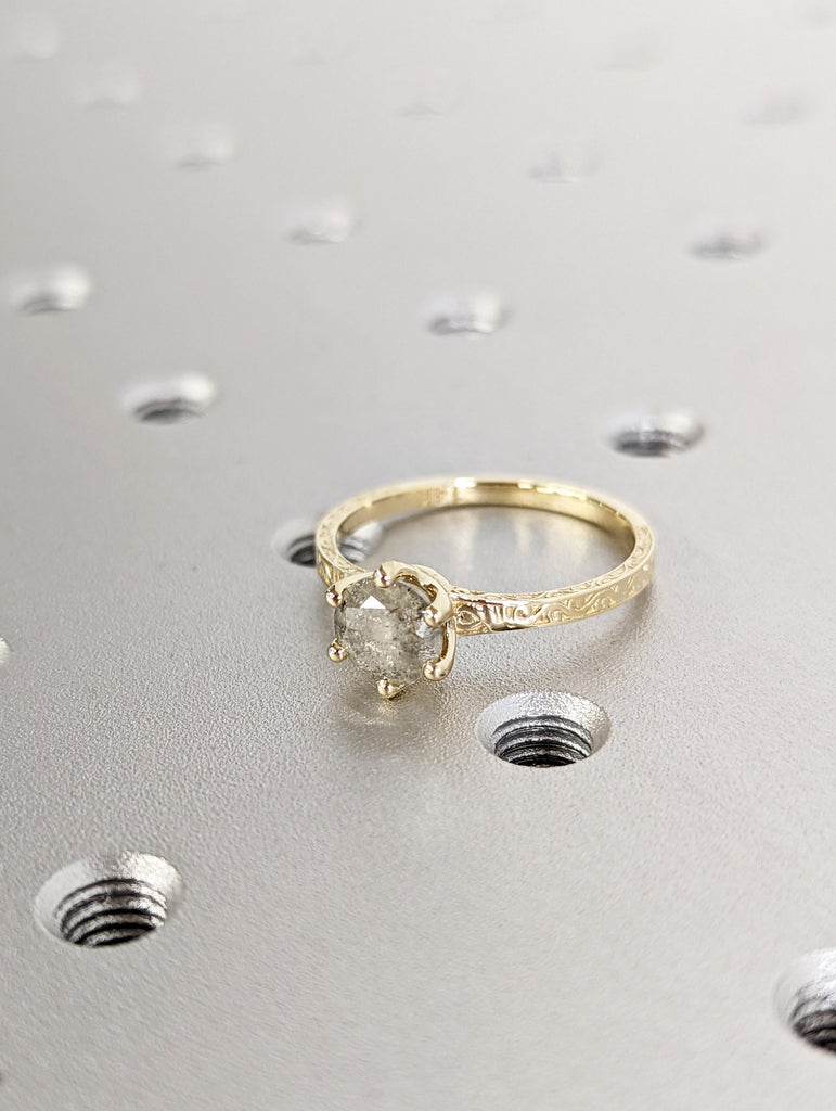 Raw Salt and Pepper Diamond Rose /White /Yellow Gold Engagement Ring Art Deco 1920's Inspired Thin Petite Band 14k Unique Bridal Set for Her