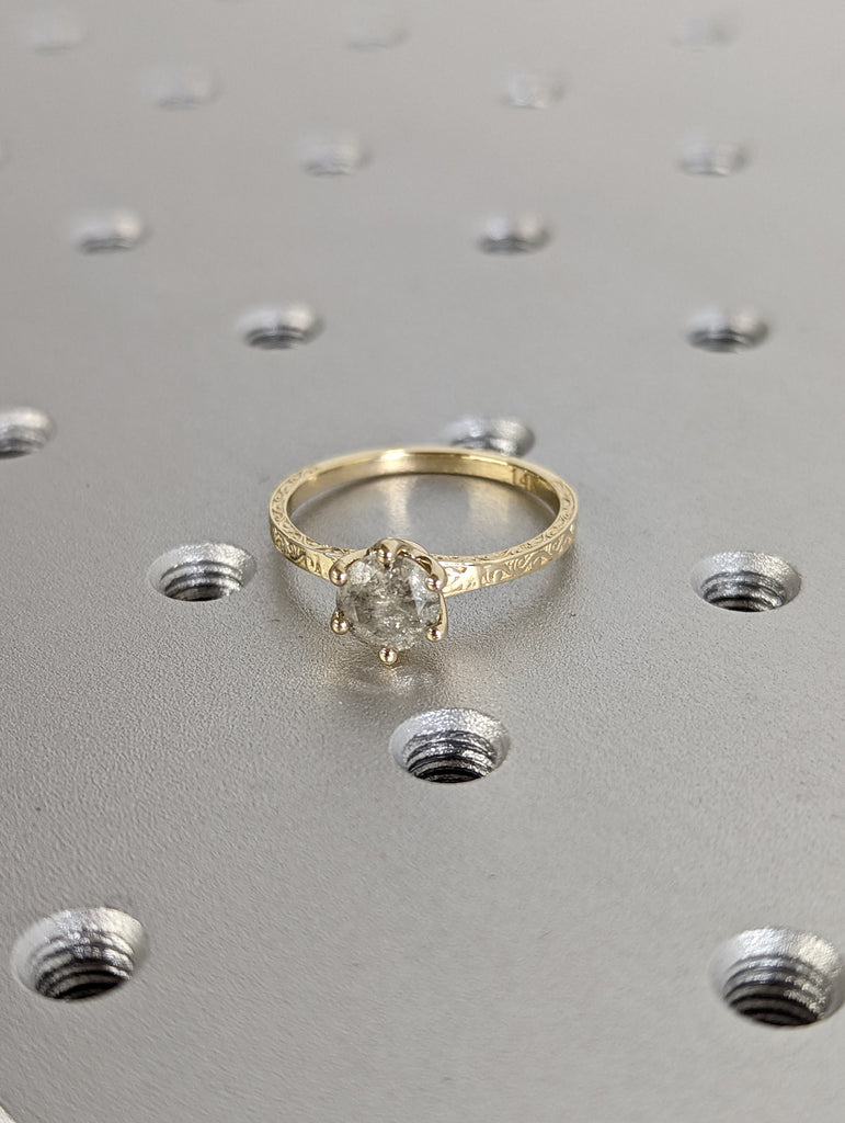 Raw Salt and Pepper Diamond Rose /White /Yellow Gold Engagement Ring Art Deco 1920's Inspired Thin Petite Band 14k Unique Bridal Set for Her