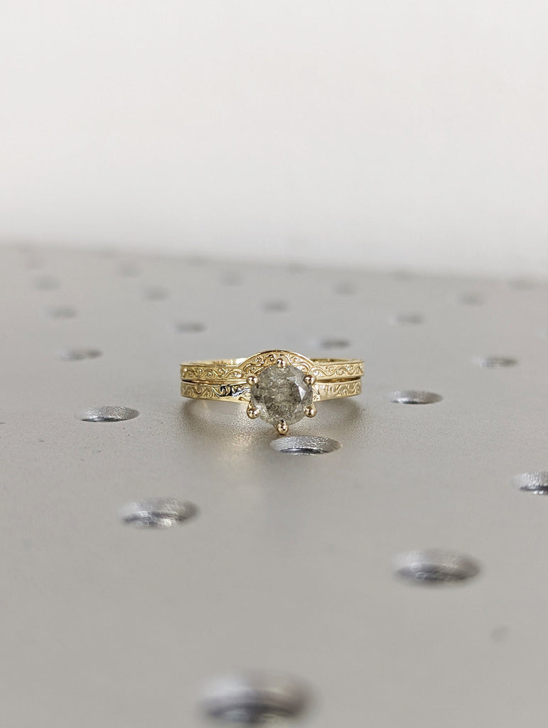 Raw Salt and Pepper Diamond Rose /White /Yellow Gold Engagement Ring Art Deco 1920's Inspired Thin Petite Band 14k Unique Bridal Set for Her