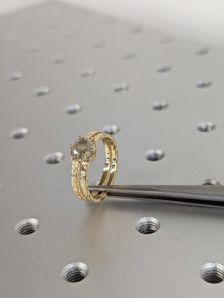 Raw Salt and Pepper Diamond Rose /White /Yellow Gold Engagement Ring Art Deco 1920's Inspired Thin Petite Band 14k Unique Bridal Set for Her