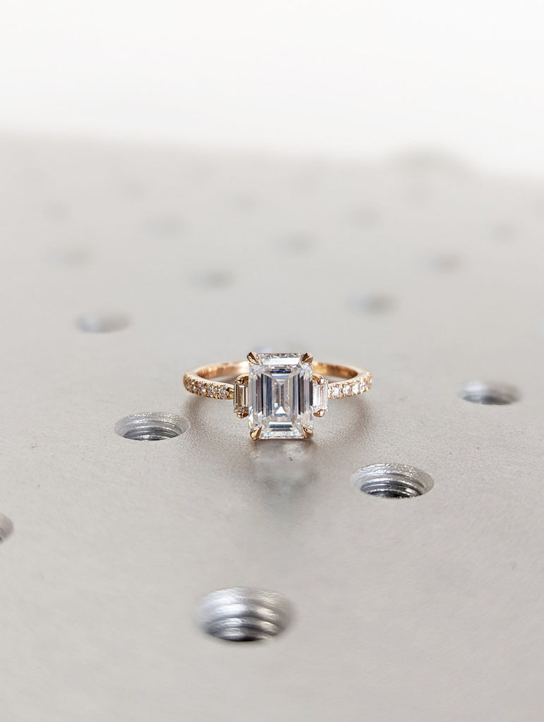 Emerald Cut Moissanite Engagement Ring/14K Gold Ring/Art Deco Vintage Ring/Unique Moissanite Promise Ring/Three Stone Ring/Wedding Ring