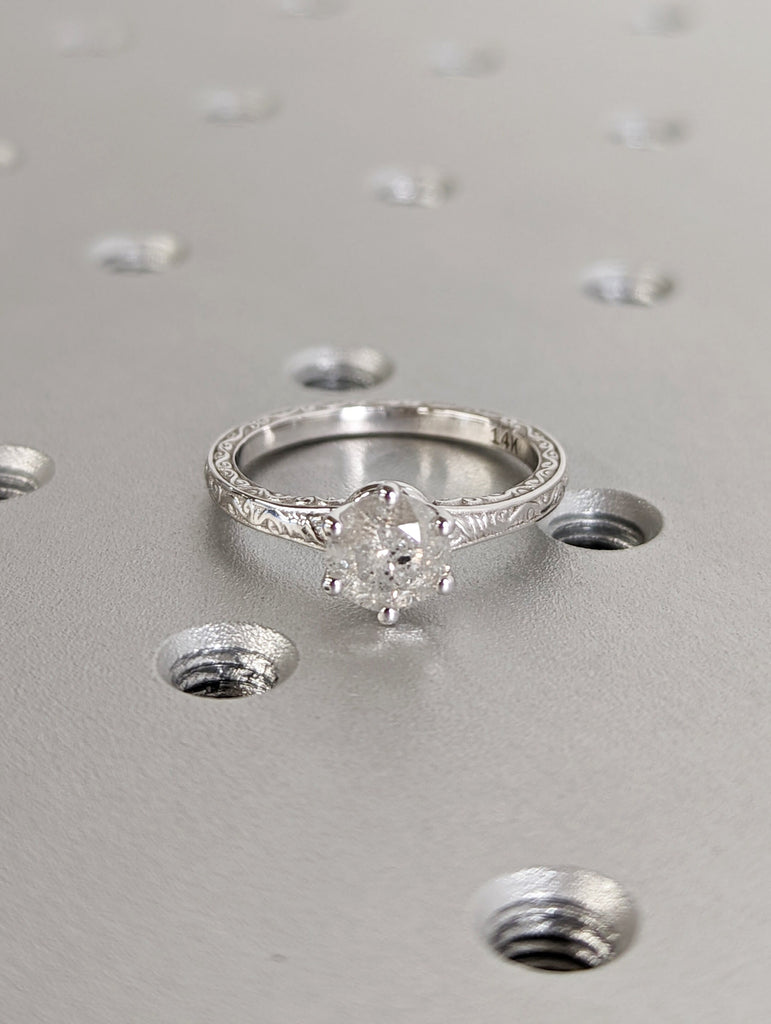 Light Raw Salt and Pepper Diamond Rose /White /Yellow Gold Engagement Ring Art Deco 1920's Inspired Thin Petite Band 14k Unique Ring for Her
