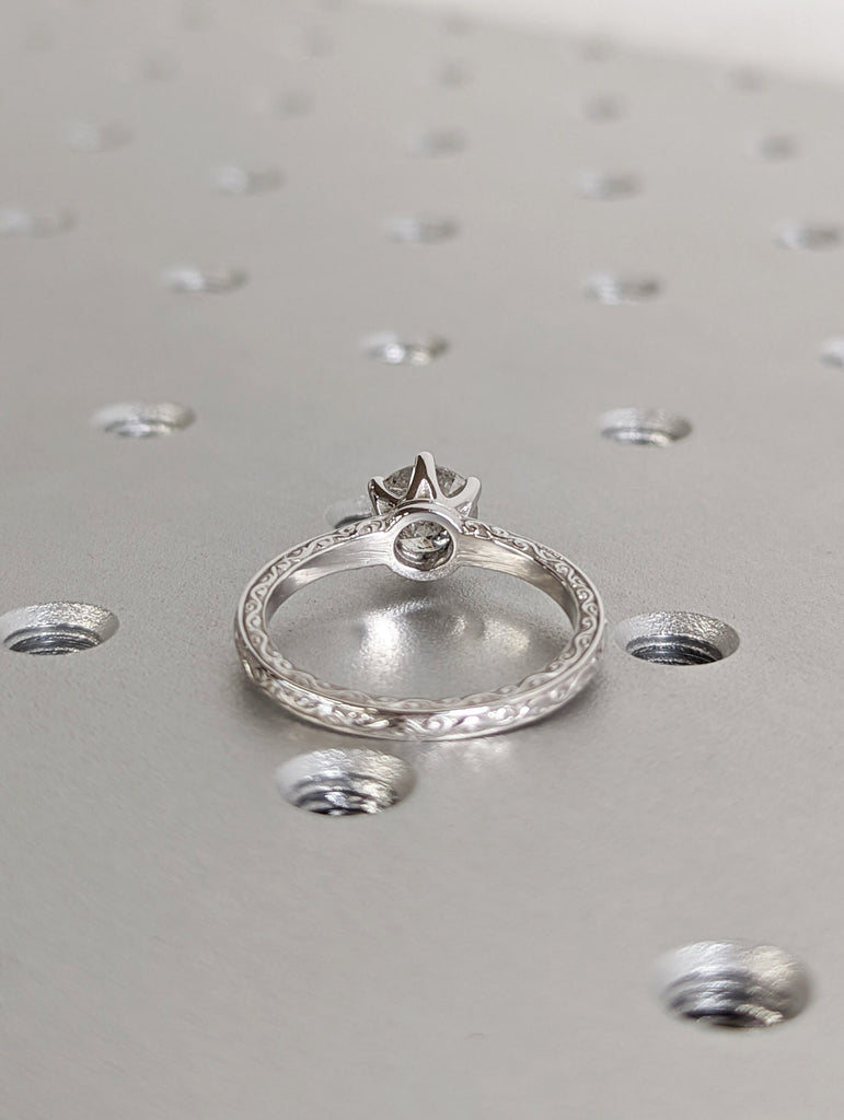 Light Raw Salt and Pepper Diamond Rose /White /Yellow Gold Engagement Ring Art Deco 1920's Inspired Thin Petite Band 14k Unique Ring for Her