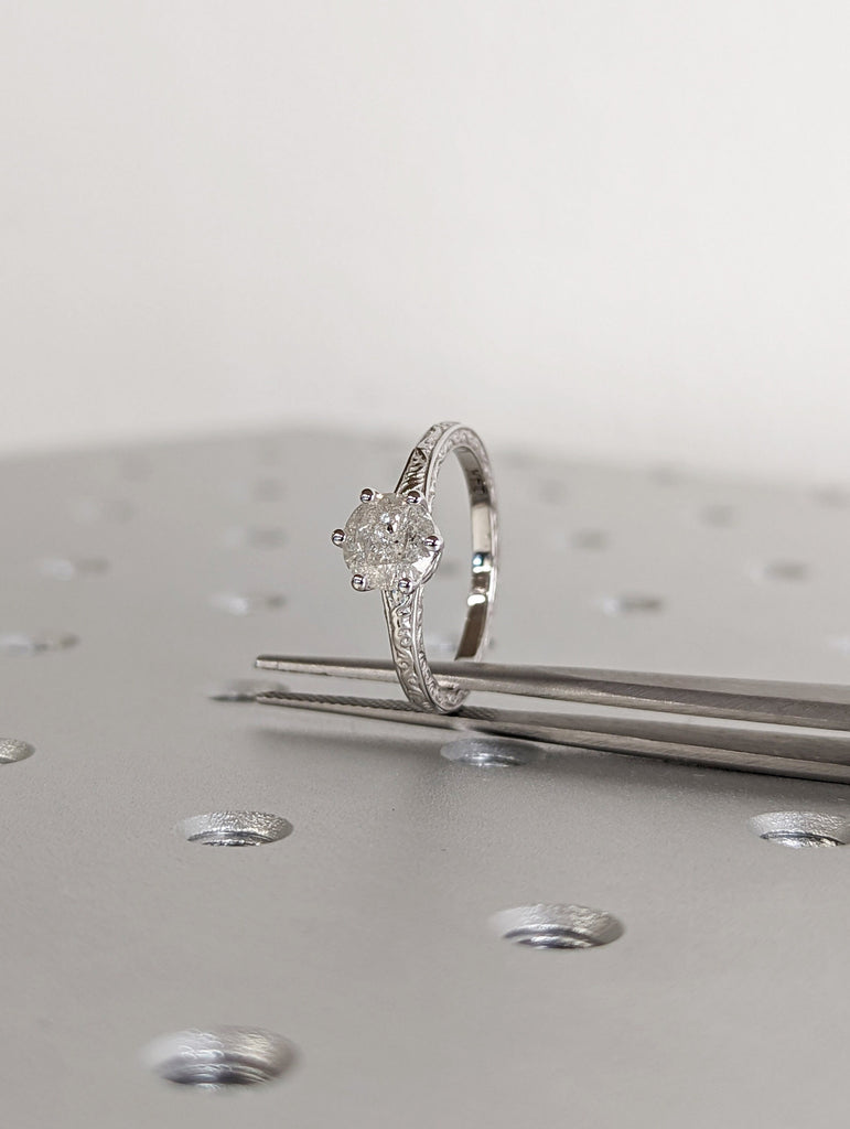 Light Raw Salt and Pepper Diamond Rose /White /Yellow Gold Engagement Ring Art Deco 1920's Inspired Thin Petite Band 14k Unique Ring for Her