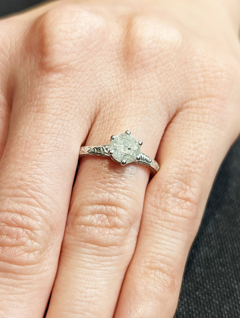 Light Raw Salt and Pepper Diamond Rose /White /Yellow Gold Engagement Ring Art Deco 1920's Inspired Thin Petite Band 14k Unique Ring for Her