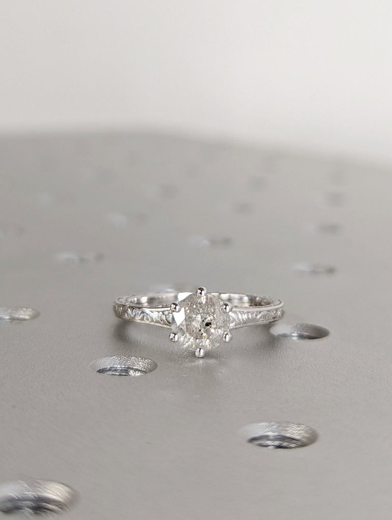 Light Raw Salt and Pepper Diamond Rose /White /Yellow Gold Engagement Ring Art Deco 1920's Inspired Thin Petite Band 14k Unique Ring for Her