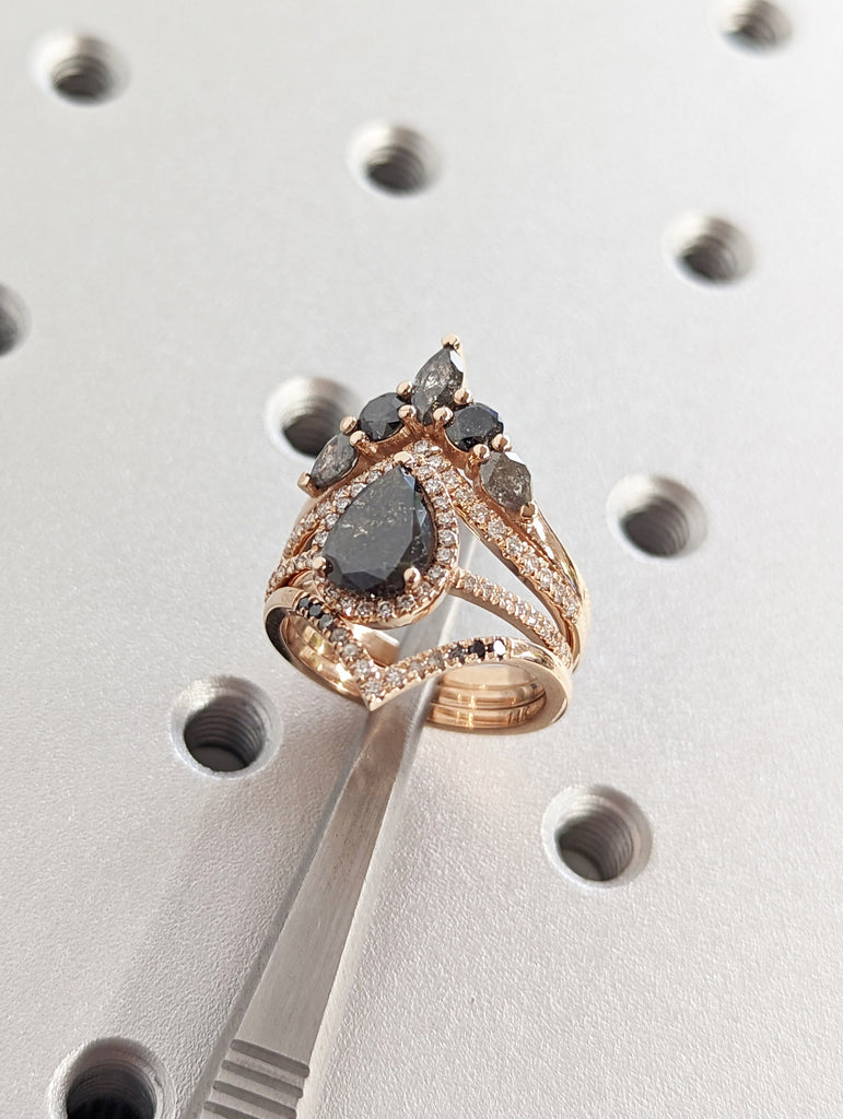 1920's Raw Salt and Pepper Diamond Halo, Pear Diamond Halo Ring, Unique Engagement Bridal Set, Black, Gray Pear, 14k Yellow Rose White Gold