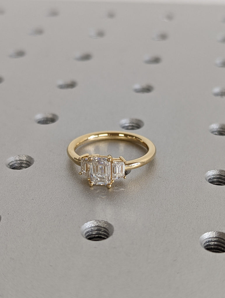 Three Stone Emerald Cut Moissanite Engagement Ring, Side Trapezoid Moissanite, Three Stone Engagement Ring, Emerald Cut and trapezoid Cut