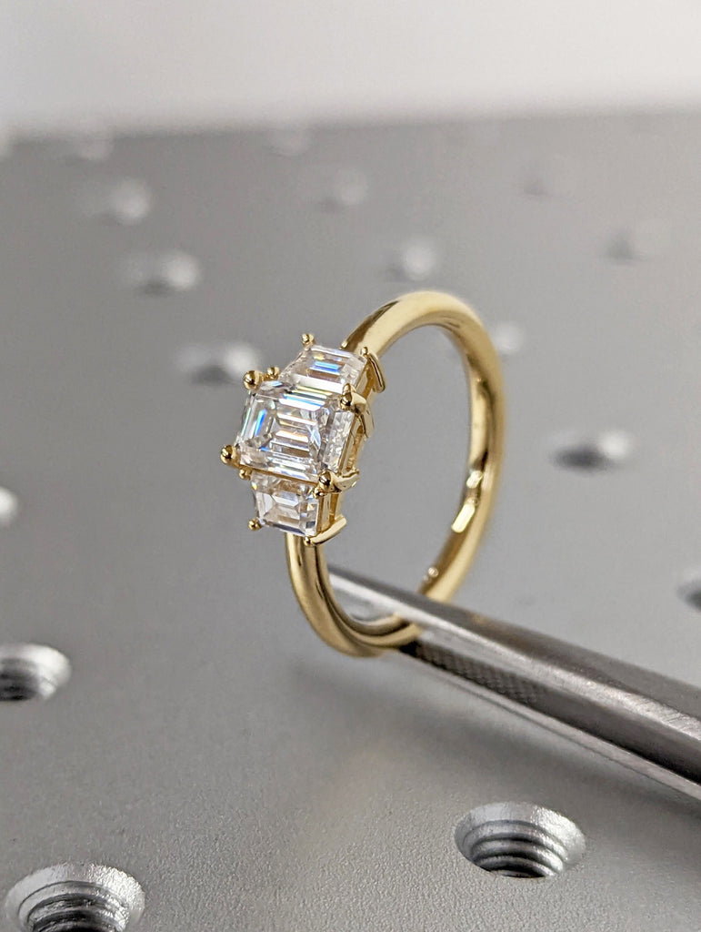 Three Stone Emerald Cut Moissanite Engagement Ring, Side Trapezoid Moissanite, Three Stone Engagement Ring, Emerald Cut and trapezoid Cut