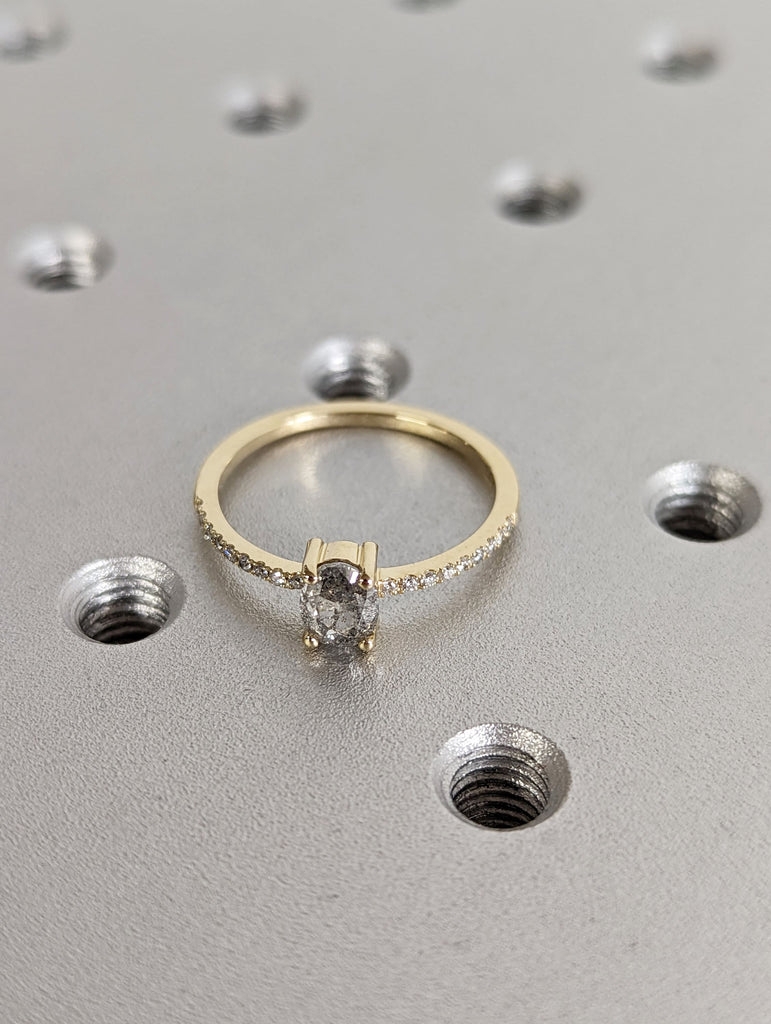 1920's Raw Salt and Pepper Diamond, Oval Diamond Ring, Unique Engagement Bridal Set, Black, Gray Oval, 14k Yellow, Rose, or White Gold