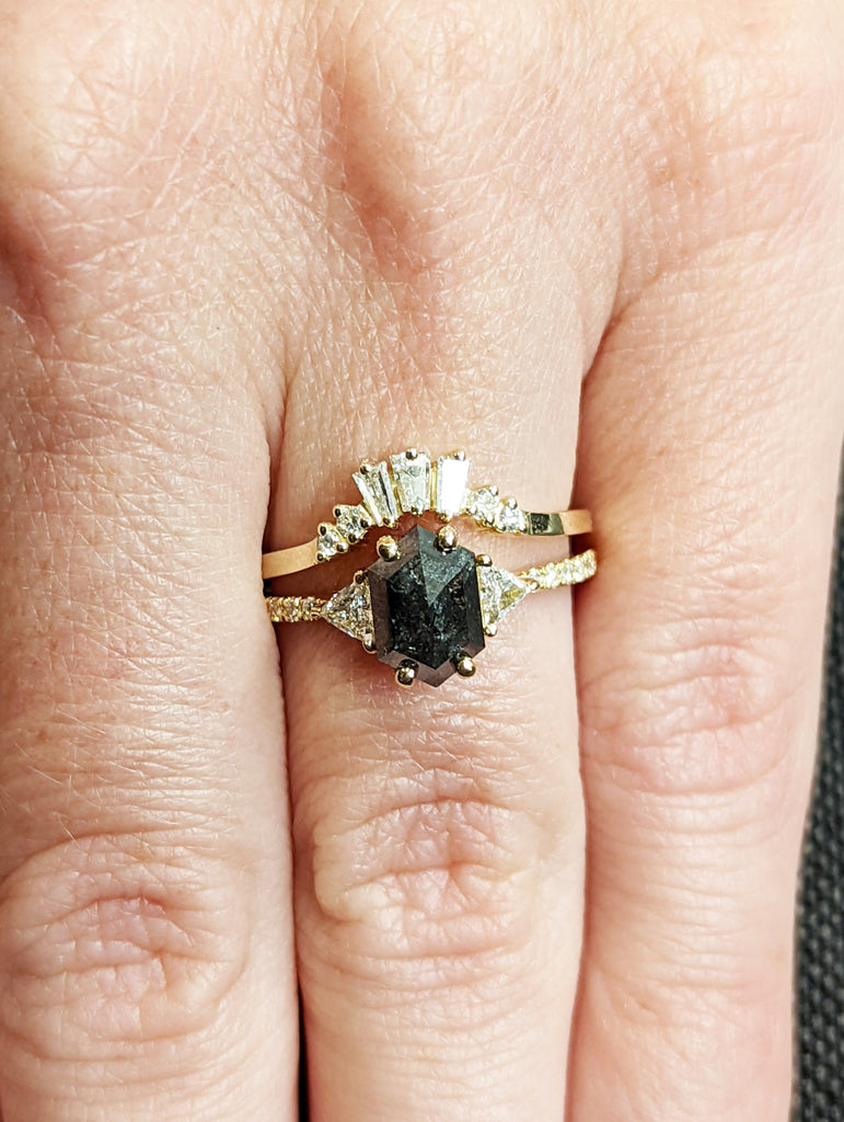 Galaxy Raw Diamond Hexagon Triangle Diamond, Salt and Pepper, Unique Bridal Engagement Set, Rose Cut Geometric Diamond Ring, 18k yellow gold