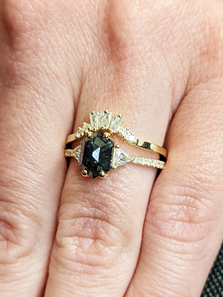 Galaxy Raw Diamond Hexagon Triangle Diamond, Salt and Pepper, Unique Bridal Engagement Set, Rose Cut Geometric Diamond Ring, 18k yellow gold