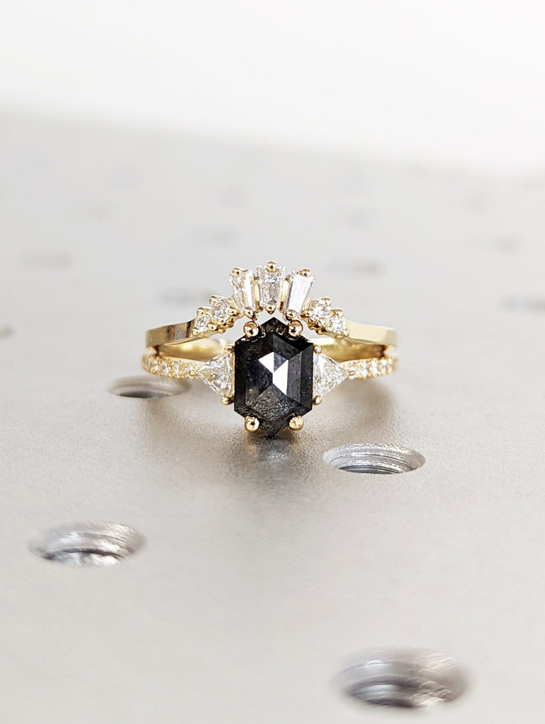Galaxy Raw Diamond Hexagon Triangle Diamond, Salt and Pepper, Unique Bridal Engagement Set, Rose Cut Geometric Diamond Ring, 18k yellow gold