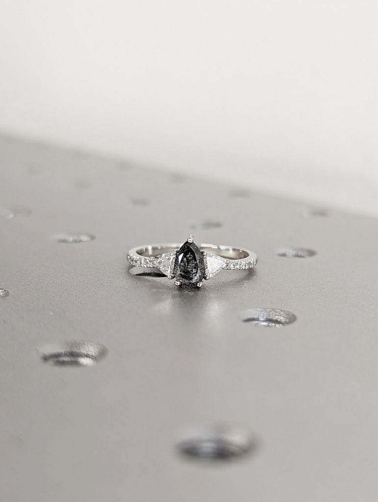 0.5ct 1920's Raw Salt and Pepper Diamond, Pear Diamond Ring, Unique Engagement Bridal Set, Black, Gray Pear, 14k Yellow, Rose, or White Gold