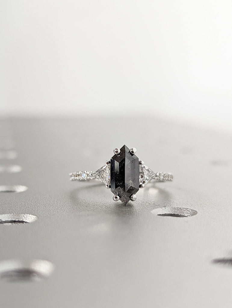 Galaxy Raw Diamond Hexagon Triangle Diamond, Salt and Pepper, Unique Bridal Engagement Set, Rose Cut Geometric Diamond Ring, 14k white gold