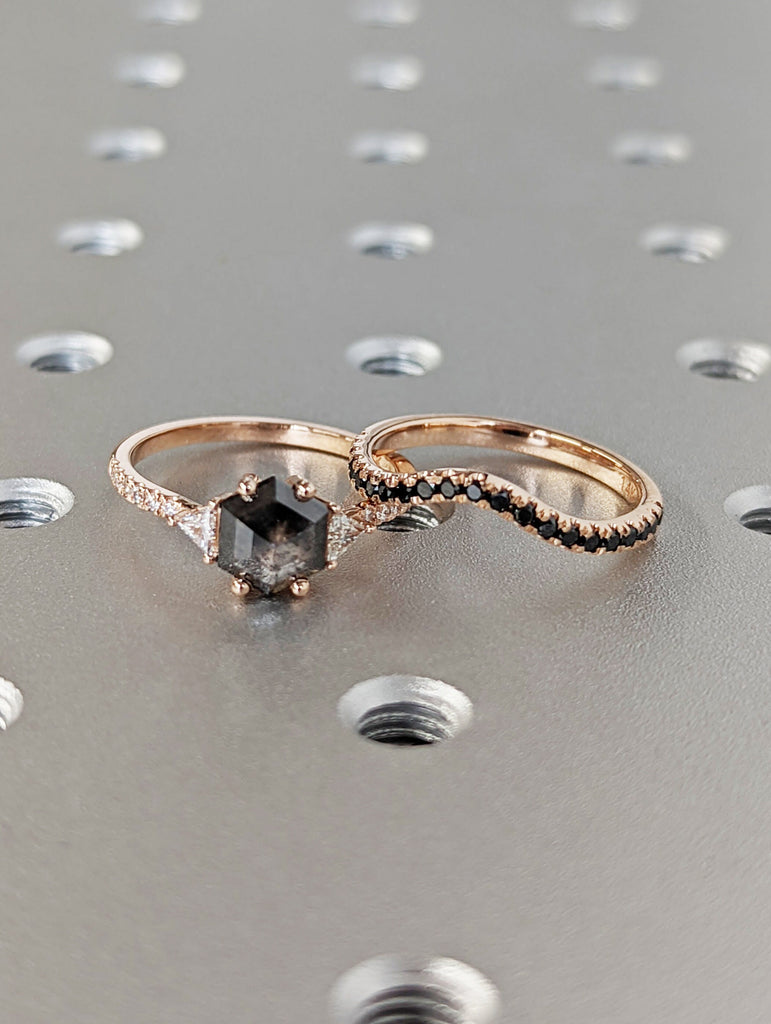 Raw Diamond Hexagon Triangle Diamond, Salt and Pepper, Unique Engagement Ring, Rose Cut Geometric Diamond Ring, 14k Gold, Custom Handmade
