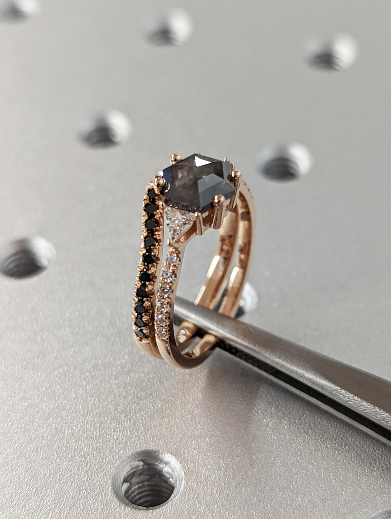 Raw Diamond Hexagon Triangle Diamond, Salt and Pepper, Unique Engagement Ring, Rose Cut Geometric Diamond Ring, 14k Gold, Custom Handmade