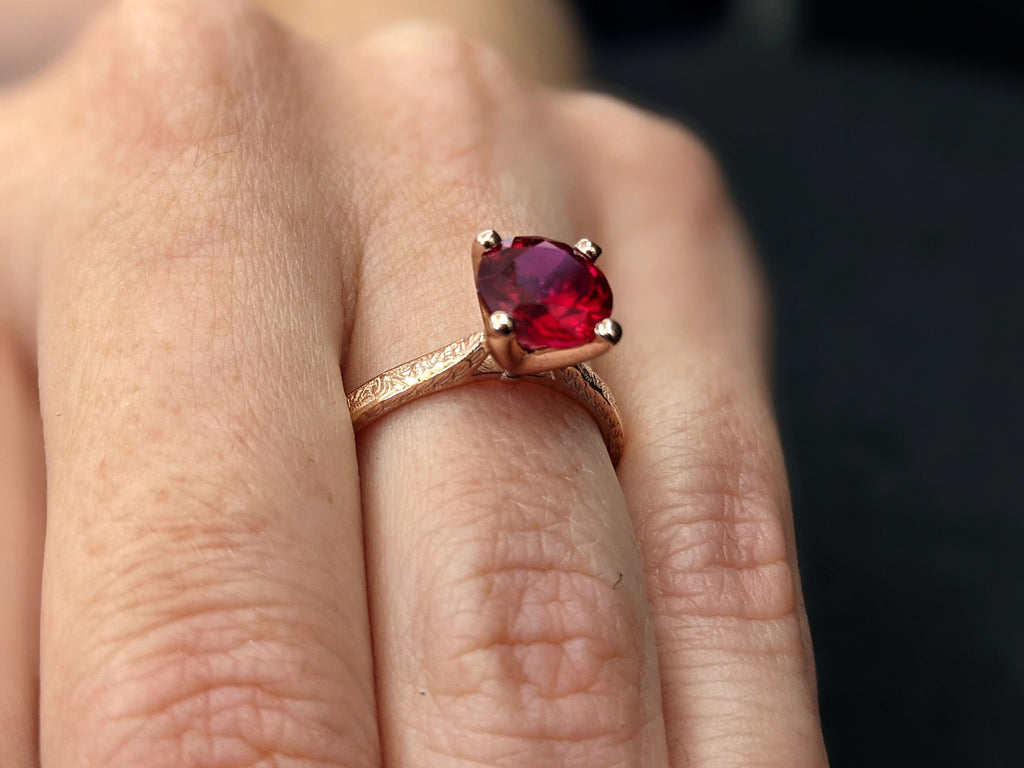 Vintage Ruby Engagement Ring 14k rose gold hand engraved ruby ring, cathedral setting, high profile prongs, hand engraving Everleigh