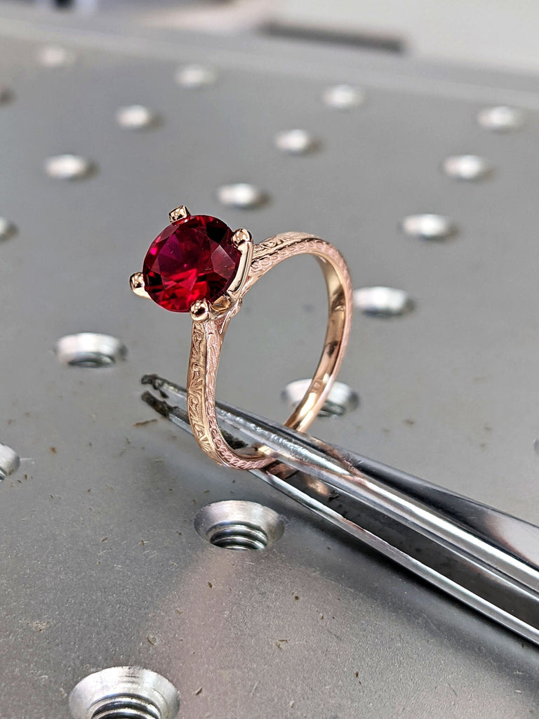 Vintage Ruby Engagement Ring 14k rose gold hand engraved ruby ring, cathedral setting, high profile prongs, hand engraving Everleigh