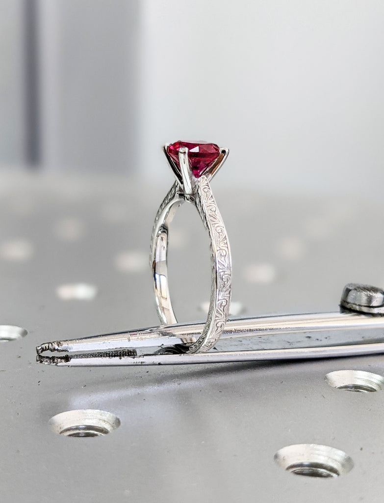 Vintage Ruby Engagement Ring 14k white gold hand engraved ruby ring, cathedral setting, high profile prongs, hand engraving Everleigh