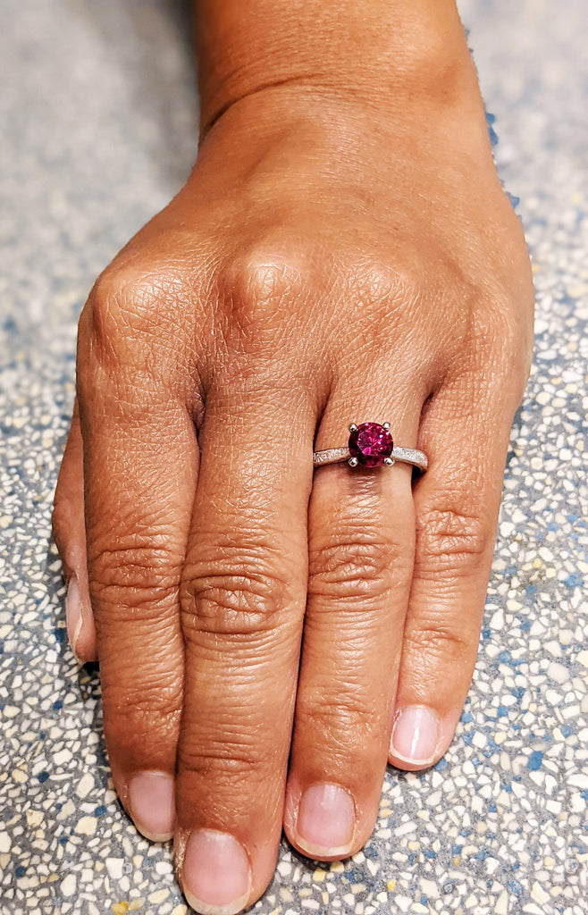 Vintage Ruby Engagement Ring 14k white gold hand engraved ruby ring, cathedral setting, high profile prongs, hand engraving Everleigh