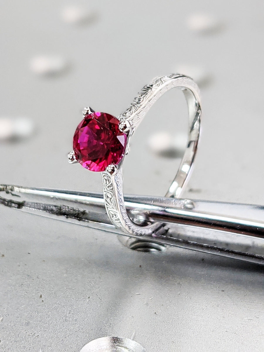 Vintage Ruby Engagement Ring 14k white gold hand engraved ruby ring, c ...