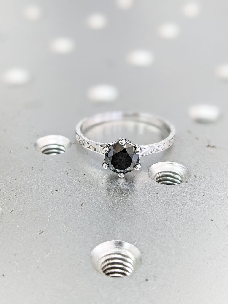 Dark Raw Salt and Pepper Diamond Rose /White /Yellow Gold Engagement Ring Art Deco 1920's Inspired Thin Petite Band 18k Unique Ring for Her