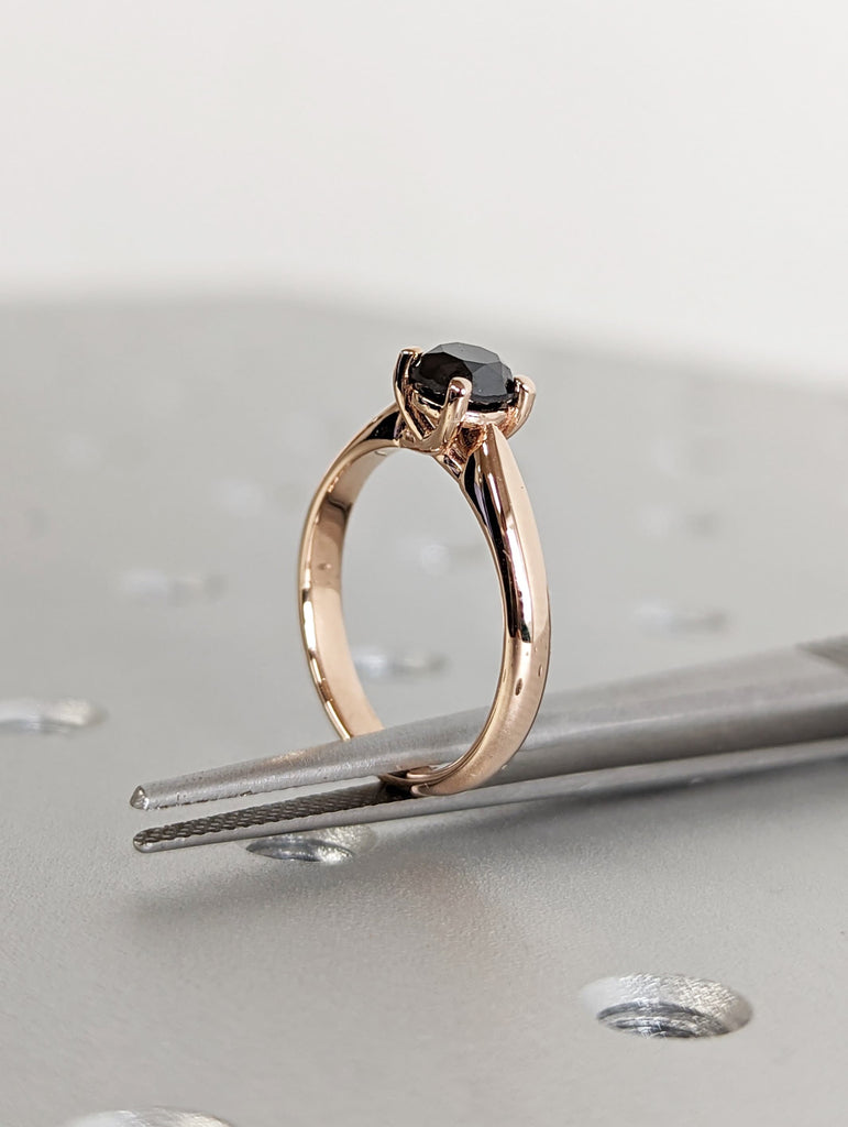 Black Diamond Solitaire Ring, Round Cut Diamond Solitaire, Black Diamond Rose Gold Ring, Solid Gold Black Diamond Ring, Simple Promise Ring