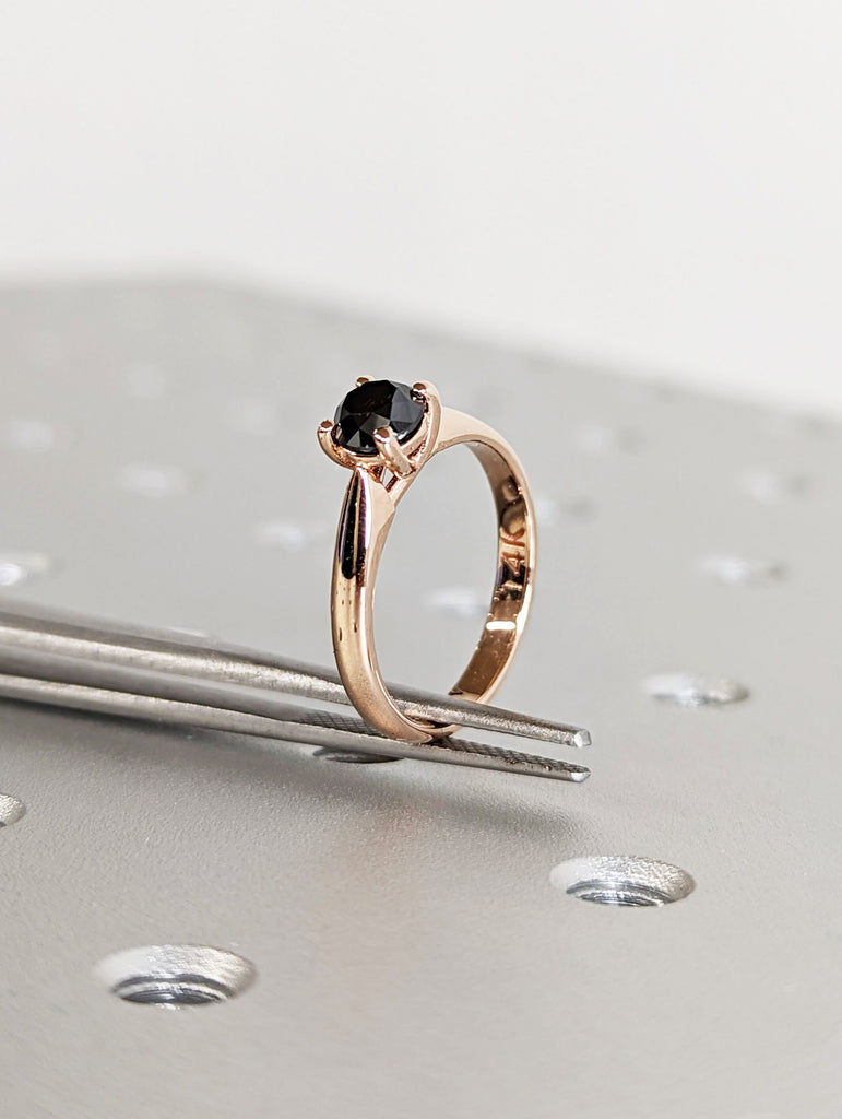 Galaxy Raw Salt and Pepper Diamond Ring- Round Cut Diamond Engagement Ring- Unique Bridal Diamond Promise Ring Rose Gold Simple Promise Ring