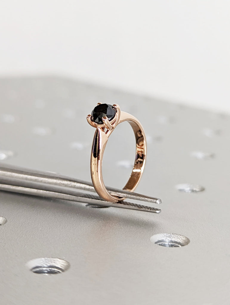 Black Diamond Solitaire Ring, Round Cut Diamond Solitaire, Black Diamond Rose Gold Ring, Solid Gold Black Diamond Ring, Simple Promise Ring