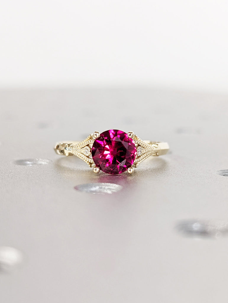 Vintage Ruby Engagement Ring 14k yellow gold, Ruby Engagement Ring, Antique Round cut Bridal ring | Art deco Ring Milgrain wedding ring