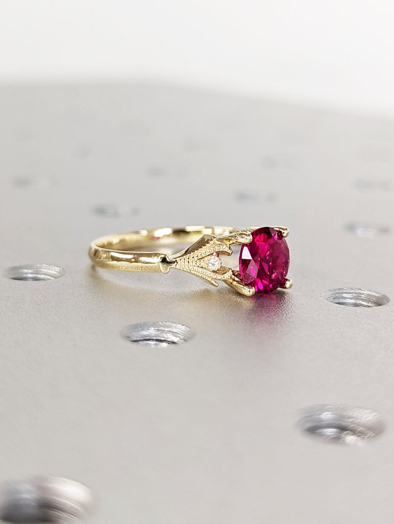 Vintage Ruby Engagement Ring 14k yellow gold, Ruby Engagement Ring, Antique Round cut Bridal ring | Art deco Ring Milgrain wedding ring